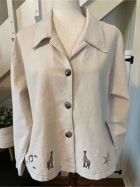 VTG amyjess Petite Linen Giraffe Embroidered Artsy Boho Button Down Shirt M/L